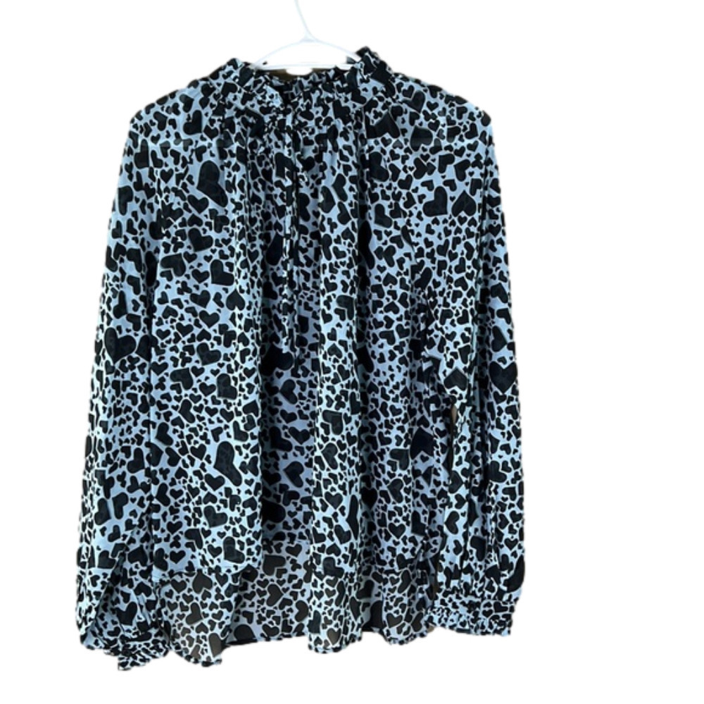 Elan Sheer High Neck Front Tie  Heart Long Sleeved Peasant Blouse